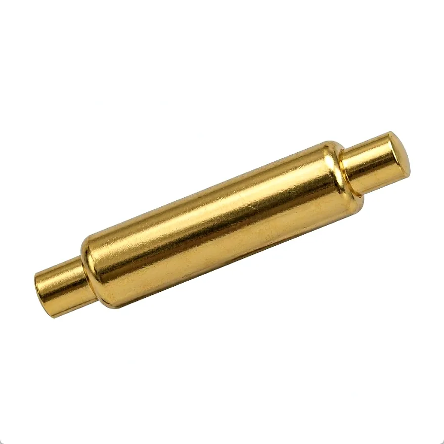 Micro Pogo Pin 实物特写:黄金色圆柱针管与两端针轴